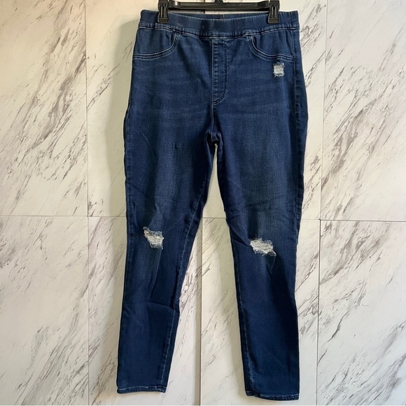 Express Skinny High Rise Stretch Dark Pull On Distressed Denim Jeans SZ 14 Long - Picture 1 of 5